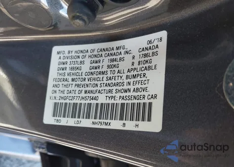 2018 Honda Civic Ex z USA, uszkodzony, nr VIN 2HGFC2F77JH575440